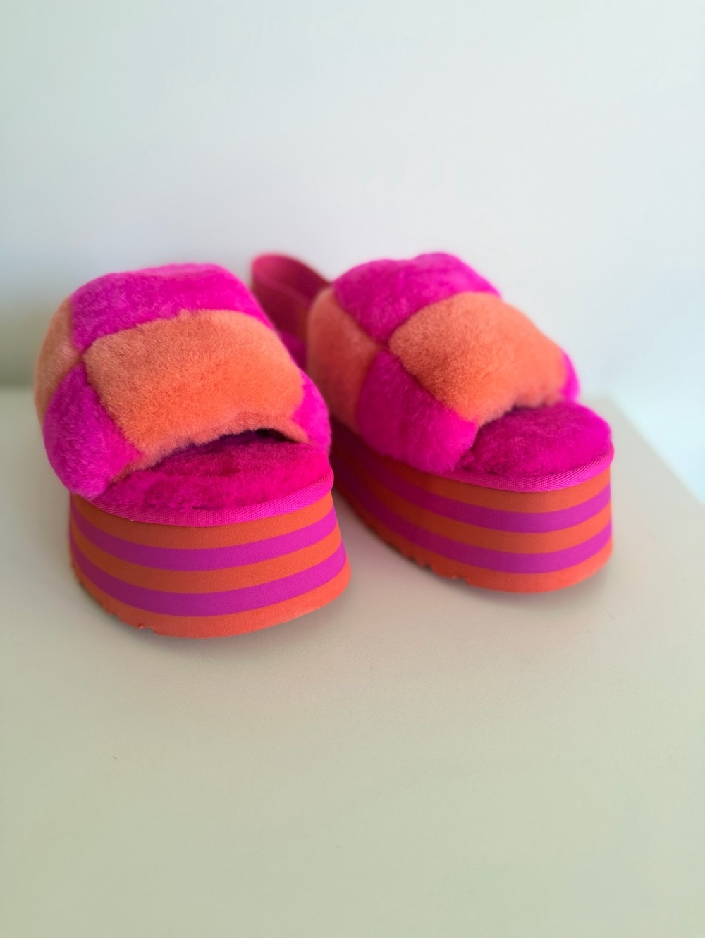 UGG Pink and Orange Platform Fluff Slides